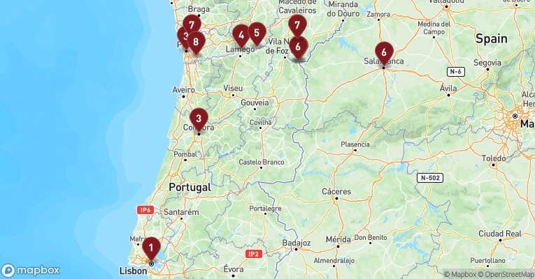 Kort over Douro fra Lissabon med MS Miguel Torga