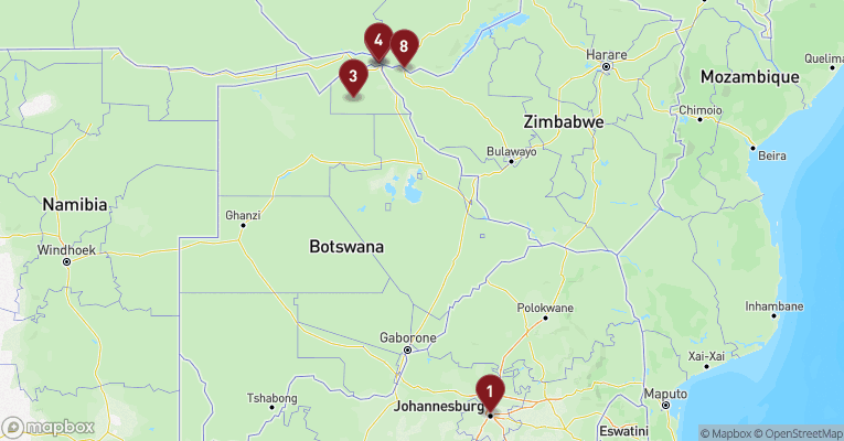 Kort over Eksotiske floder fra Johannesburg med RV Zimbabwean Dream