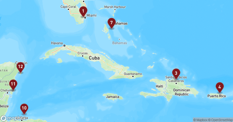 Kort over Caribien & Bahamas fra Miami med MSC World America