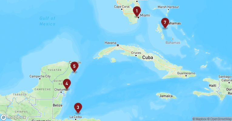 Kort over Caribien & Bahamas fra Miami med MSC World America