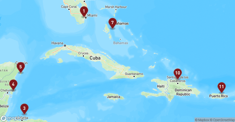 Kort over Caribien & Bahamas fra Miami med MSC World America