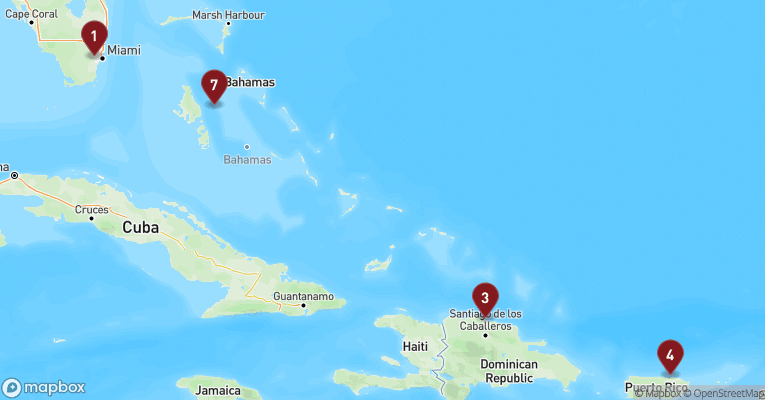 Kort over Caribien & Bahamas fra Miami med MSC World America