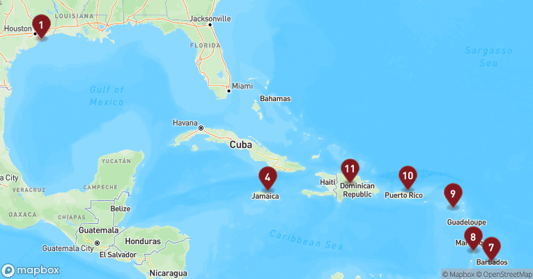 Kort over Caribien & Bahamas fra Galveston med Carnival Dream