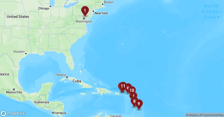 Kort over Caribien & Bahamas fra Baltimore med Carnival Pride