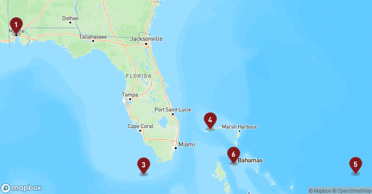 Kort over Caribien & Bahamas fra Mobile, AL med Carnival Spirit