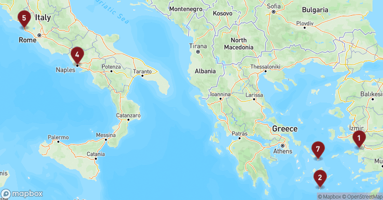 Kort over Middelhavet fra Kusadasi med MSC Divina