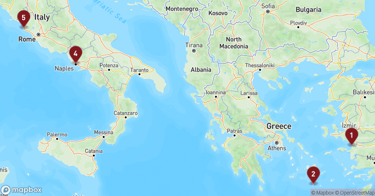 Kort over Middelhavet fra Kusadasi med MSC Divina