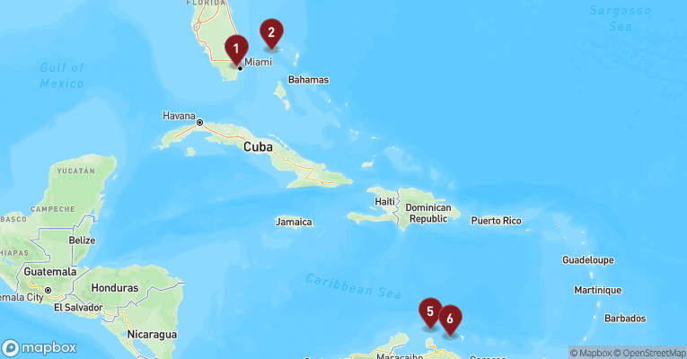 Kort over Caribien & Bahamas fra Miami med Carnival Horizon