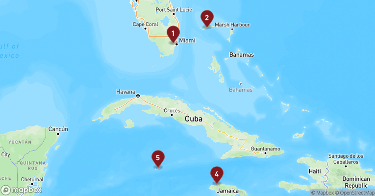 Kort over Caribien & Bahamas fra Miami med Carnival Magic