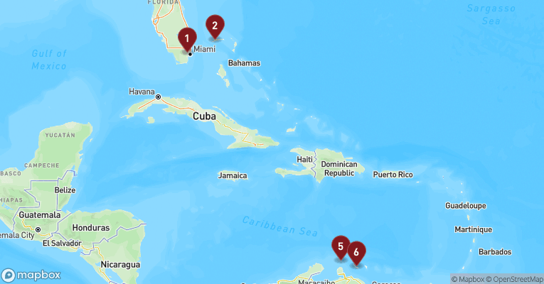 Kort over Caribien & Bahamas fra Miami med Carnival Magic