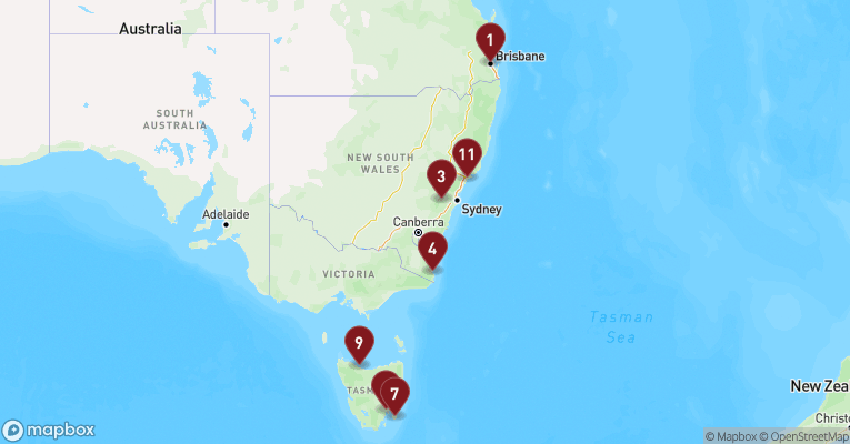 Kort over Australien & Oceanien fra Brisbane med Grand Princess