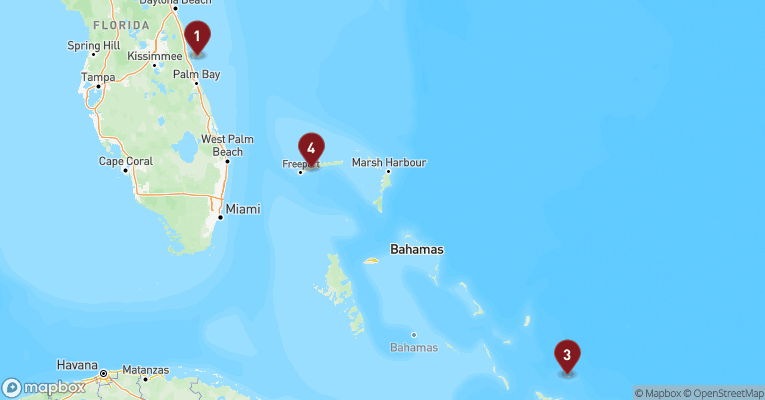 Kort over Caribien & Bahamas fra Port Canaveral med Carnival Glory