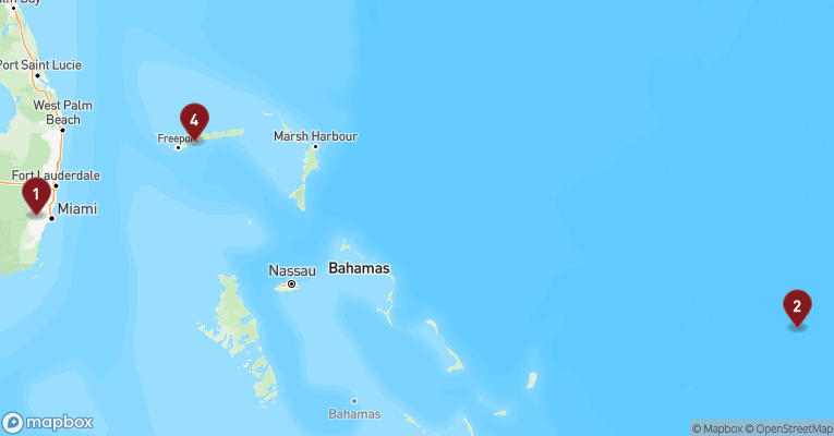 Kort over Caribien & Bahamas fra Miami med Carnival Conquest