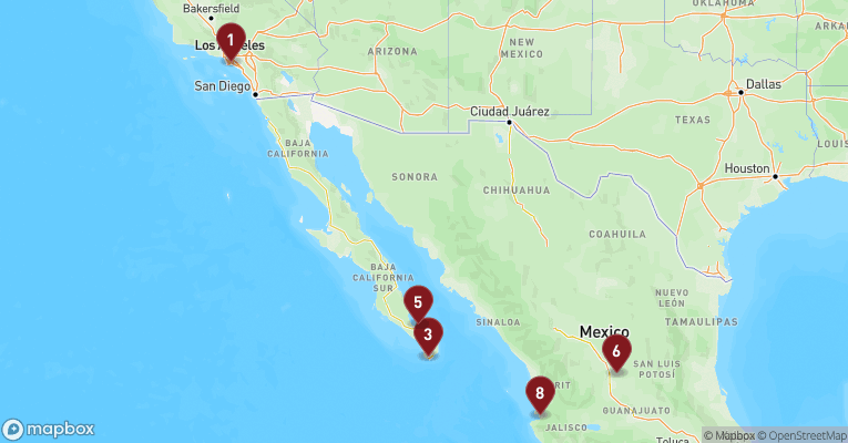 Kort over Californien & Mexico fra Los Angeles med Emerald Princess
