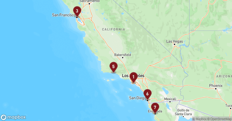 Kort over Californien & Mexico fra Los Angeles med Emerald Princess