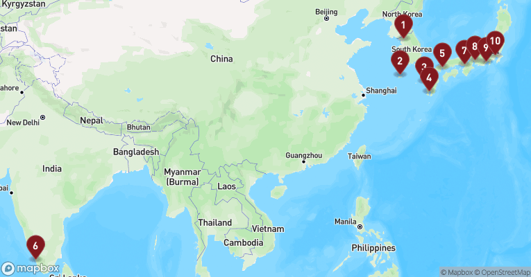 Kort over Asien & det Indiske Ocean fra Seoul med Norwegian Jade