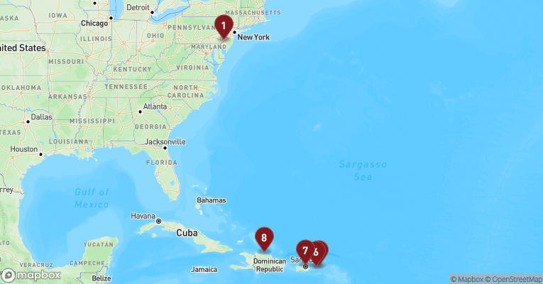 Kort over Caribien & Bahamas fra Philadelphia med Norwegian Pearl