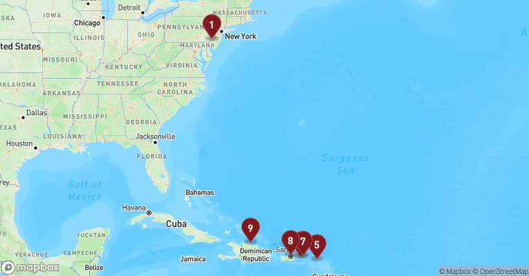 Kort over Caribien & Bahamas fra Philadelphia med Norwegian Pearl