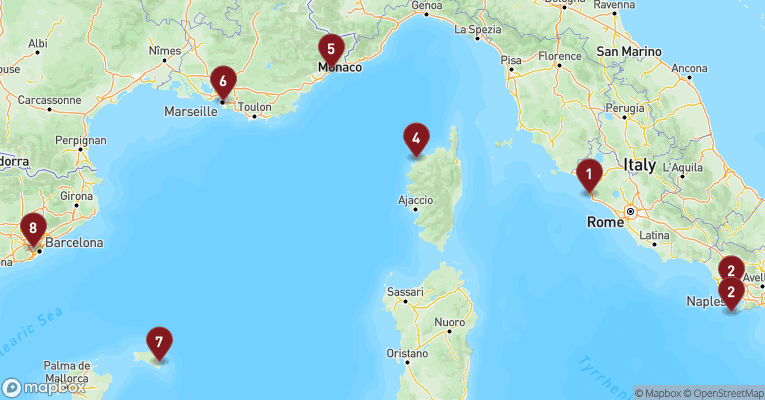 Kort over Middelhavet fra Civitavecchia - Rom med EXPLORA I