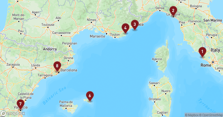 Kort over Middelhavet fra Civitavecchia - Rom med EXPLORA I