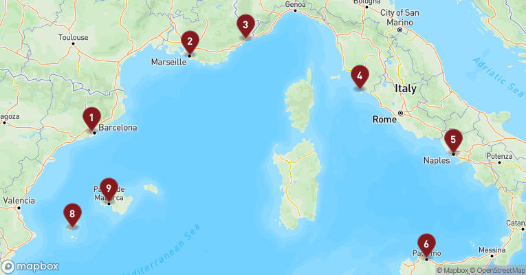 Kort over Middelhavet fra Barcelona med EXPLORA I