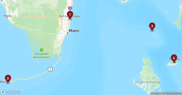Kort over Caribien & Bahamas fra Fort Lauderdale med Celebrity Reflection