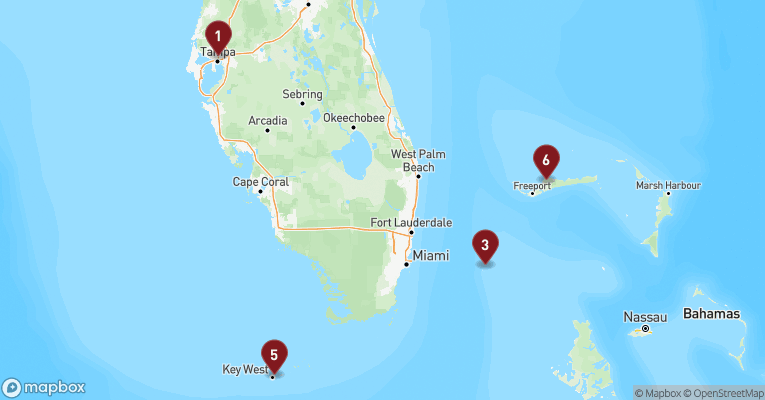 Kort over Caribien & Bahamas fra Tampa med Celebrity Summit