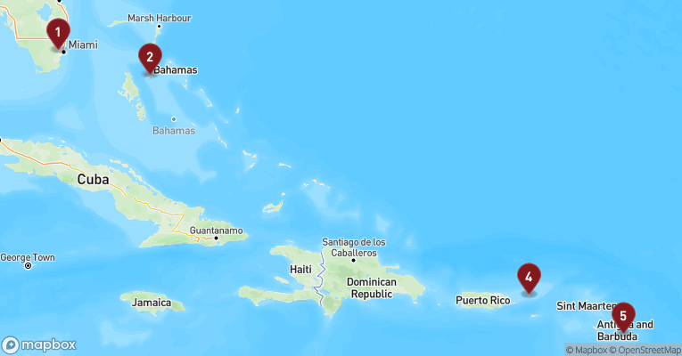 Kort over Caribien & Bahamas fra Miami med Celebrity Xcel