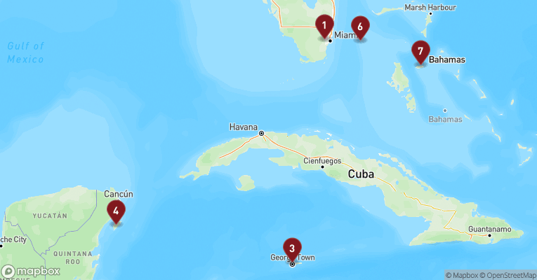 Kort over Caribien & Bahamas fra Miami med Celebrity Xcel