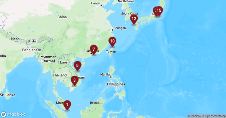 Kort over Asien & det Indiske Ocean fra Singapore med Celebrity Millennium