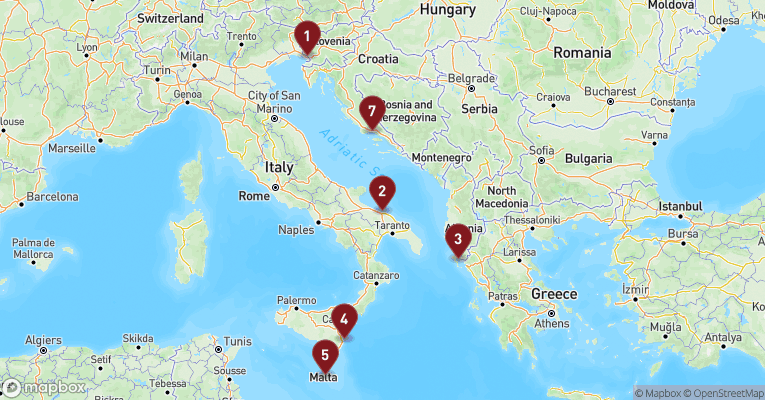 Kort over Middelhavet fra Trieste med Costa Deliziosa