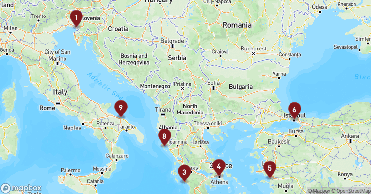 Kort over Middelhavet fra Trieste med MSC Fantasia