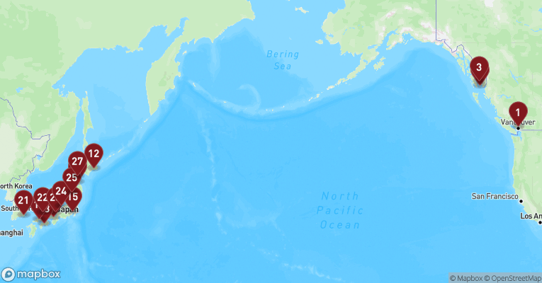 Kort over Positionskrydstogt fra Vancouver med Westerdam