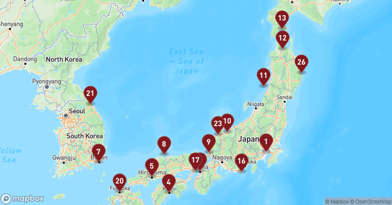 Kort over Asien & det Indiske Ocean fra Tokyo med Westerdam