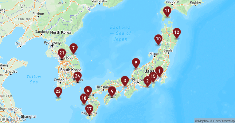 Kort over Asien & det Indiske Ocean fra Tokyo med Westerdam