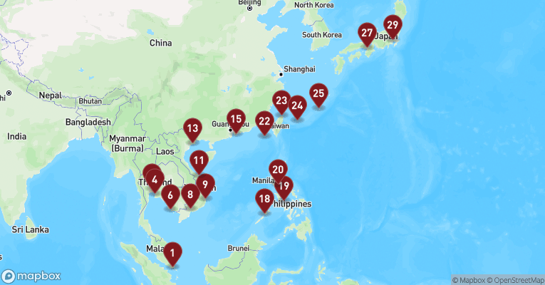 Kort over Asien & det Indiske Ocean fra Singapore med Westerdam