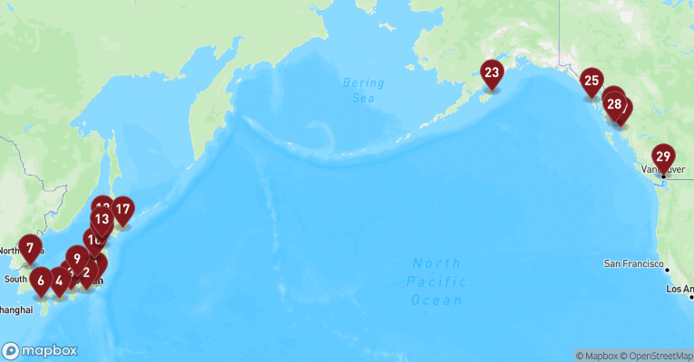 Kort over Positionskrydstogt fra Tokyo med Westerdam