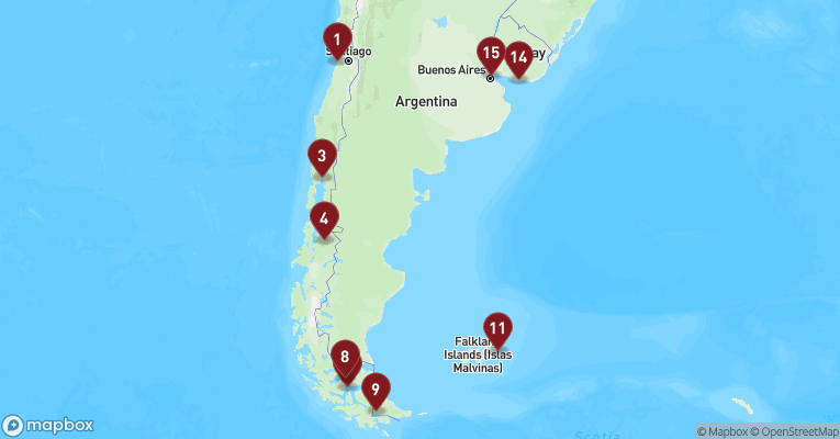 Kort over Sydamerika fra Puerto Montt med Oosterdam