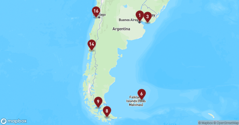 Kort over Sydamerika fra Buenos Aires med Oosterdam