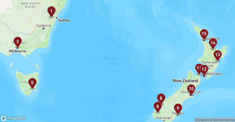 Kort over Australien & Oceanien fra Sydney med Noordam
