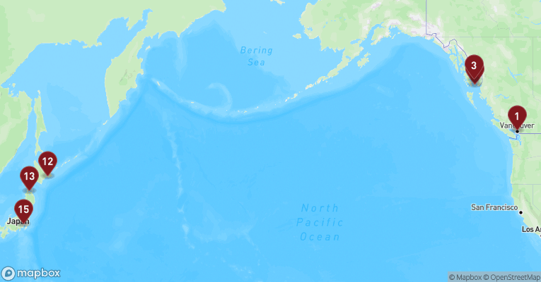 Kort over Positionskrydstogt fra Vancouver med Westerdam