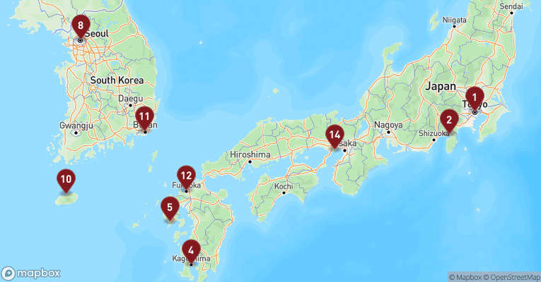 Kort over Asien & det Indiske Ocean fra Tokyo med Westerdam
