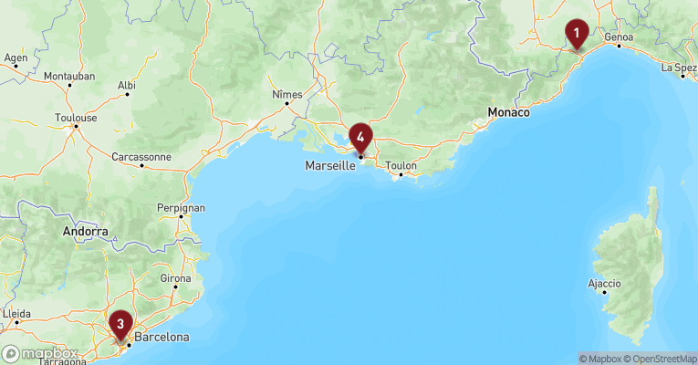 Kort over Middelhavet fra Savona med Costa Fascinosa
