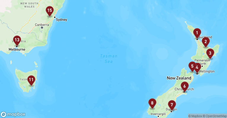Kort over Australien & Oceanien fra Auckland med Noordam