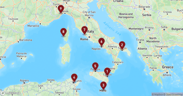 Kort over Middelhavet fra Catania - Sicilien med Costa Fascinosa