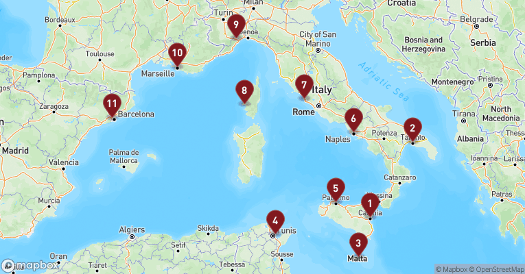 Kort over Middelhavet fra Catania - Sicilien med Costa Fascinosa