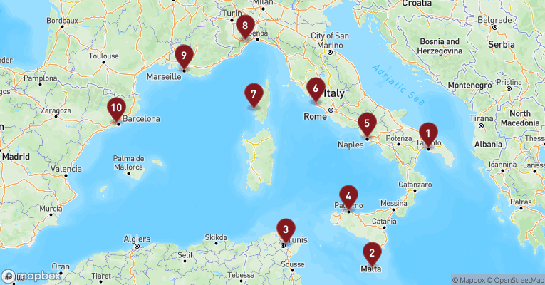 Kort over Middelhavet fra Taranto med Costa Fascinosa