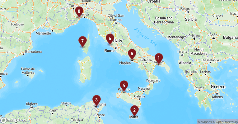 Kort over Middelhavet fra Taranto med Costa Fascinosa