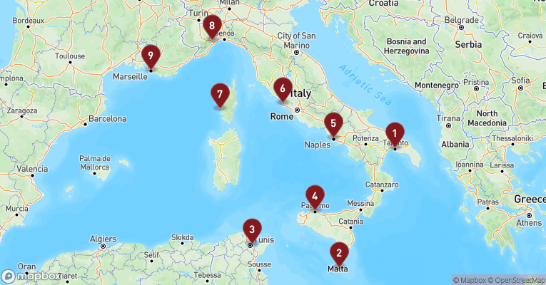 Kort over Middelhavet fra Taranto med Costa Fascinosa