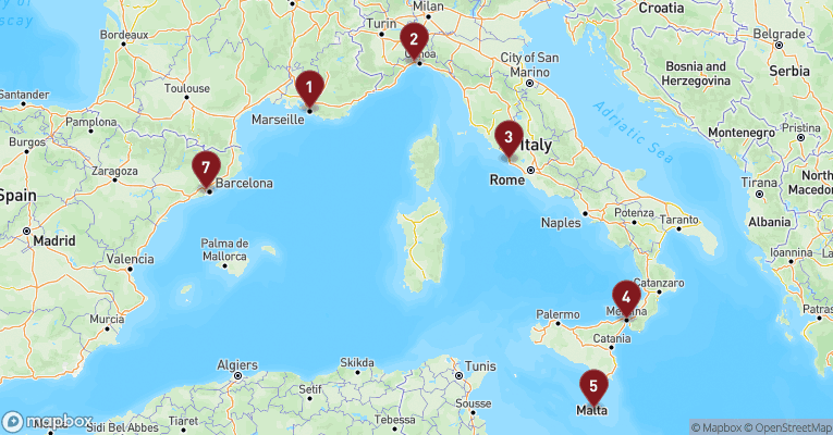Kort over Middelhavet fra Marseille med MSC World Asia